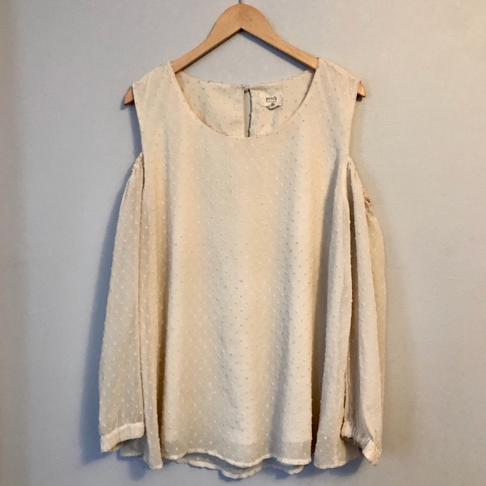 Cream Sheer Polka Dot Cold-Shoulder Blouse